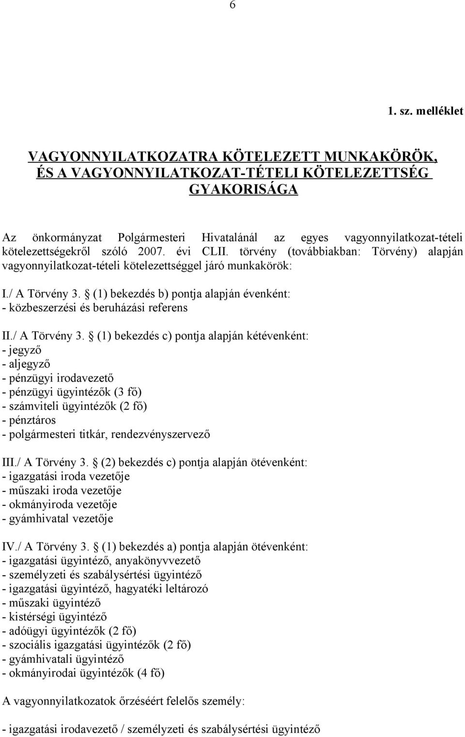 kötelezettségekről szóló 2007. évi CLII. törvény (továbbiakban: Törvény) alapján vagyonnyilatkozat-tételi kötelezettséggel járó munkakörök: I./ A Törvény 3.