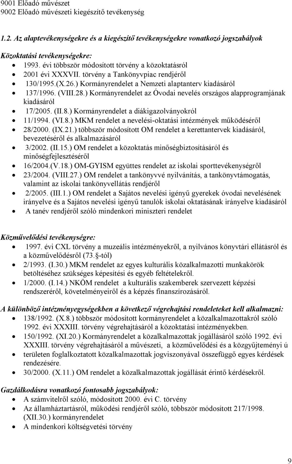 ) Kormányrendelet az Óvodai nevelés országos alapprogramjának kiadásáról 17/2005. (II.8.) Kormányrendelet a diákigazolványokról 11/1994. (VI.8.) MKM rendelet a nevelési-oktatási intézmények működéséről 28/2000.