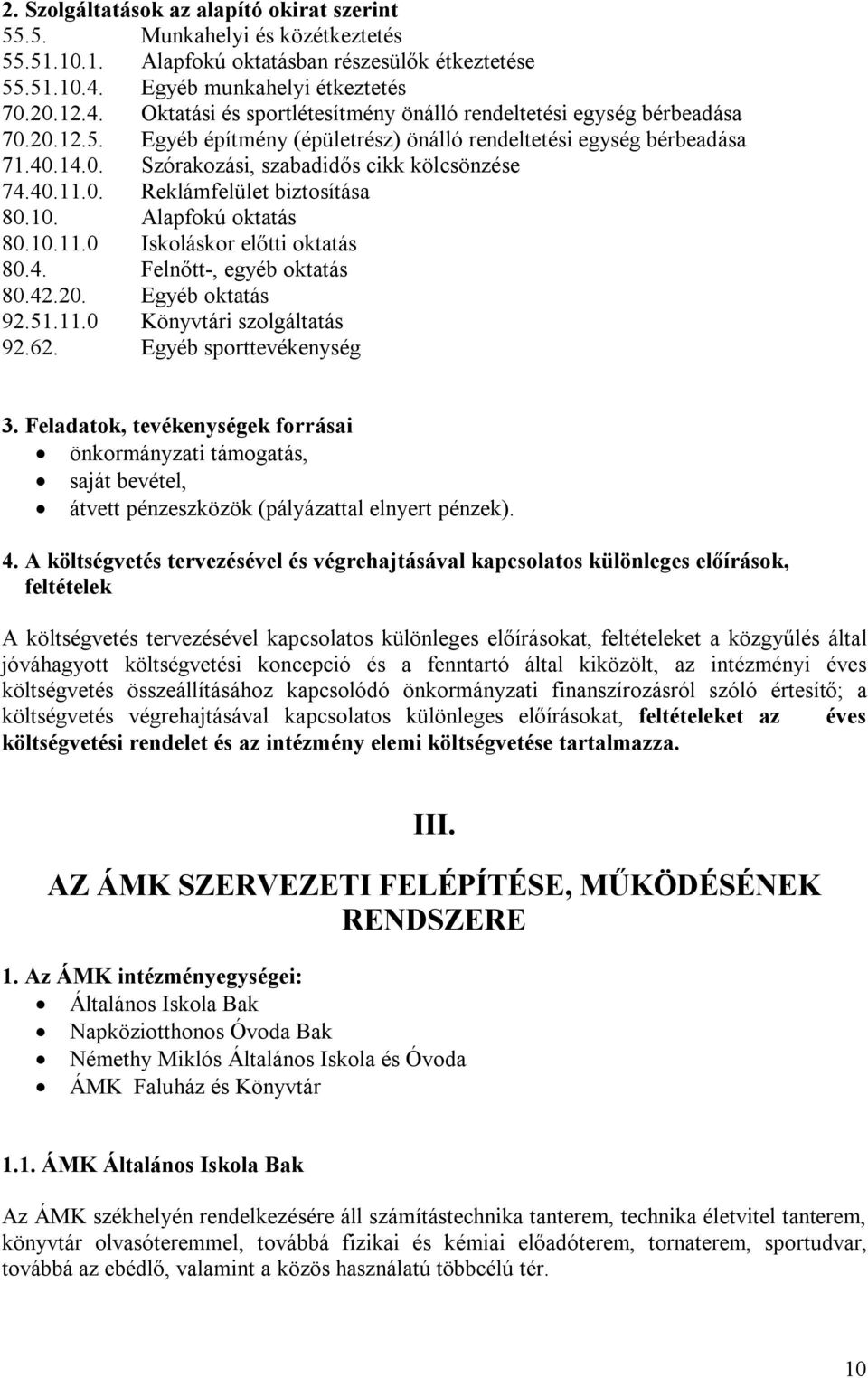 40.11.0. Reklámfelület biztosítása 80.10. Alapfokú oktatás 80.10.11.0 Iskoláskor előtti oktatás 80.4. Felnőtt-, egyéb oktatás 80.42.20. Egyéb oktatás 92.51.11.0 Könyvtári szolgáltatás 92.62.