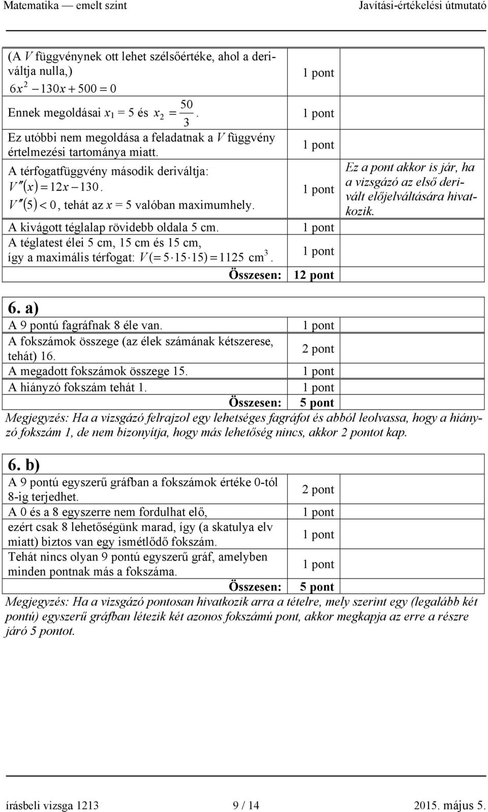 () 0 A kivágott téglalap rövidebb oldala 5 cm. A téglatest élei 5 cm, 15 cm és 15 cm, így a maximális térfogat: V ( = 5 15 15) = 115 cm 3.