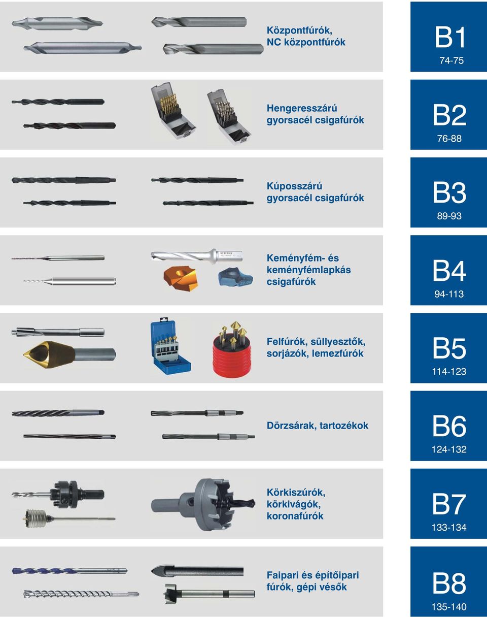 B Felfúrók, süllyesztõk, sorjázók, lemezfúrók B Dörzsárak, tartozékok B