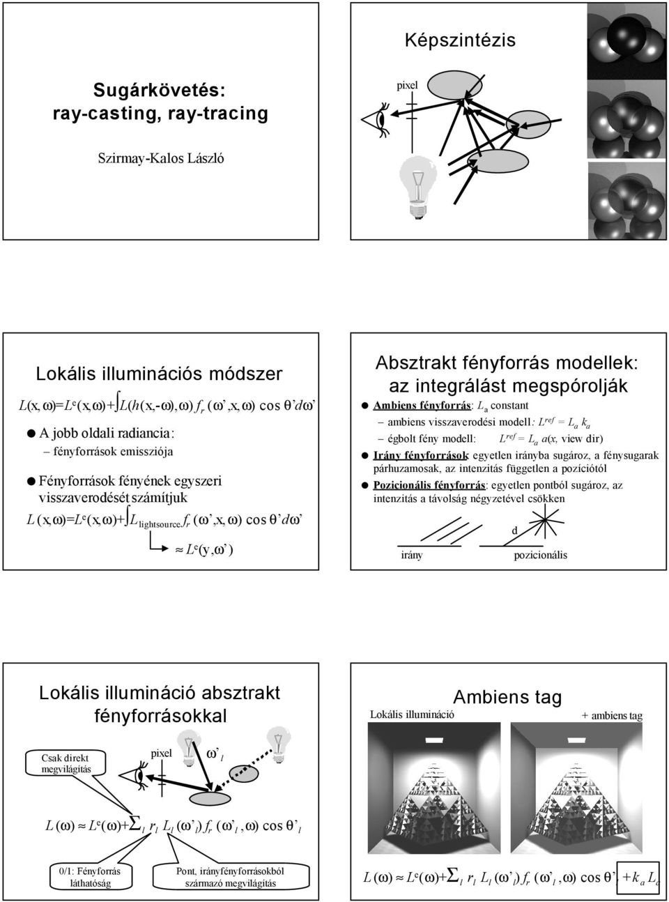 ambiens visszaverodési modell: L ref = L a k a égbolt fény modell: L ref = L a a(, view dir) Irány fényforrások: egyetlen irányba sugároz, a fénysugarak párhuzamosak, az intenzitás független a