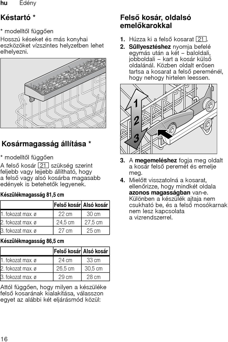 Kosármagasság állításakosármagasság állítása * * modelltl függen A fels kosár 1* szükség szerint feljebb vagy lejjebb állítható, hogy a fels vagy alsó kosárba magasabb edények is betehetk legyenek.