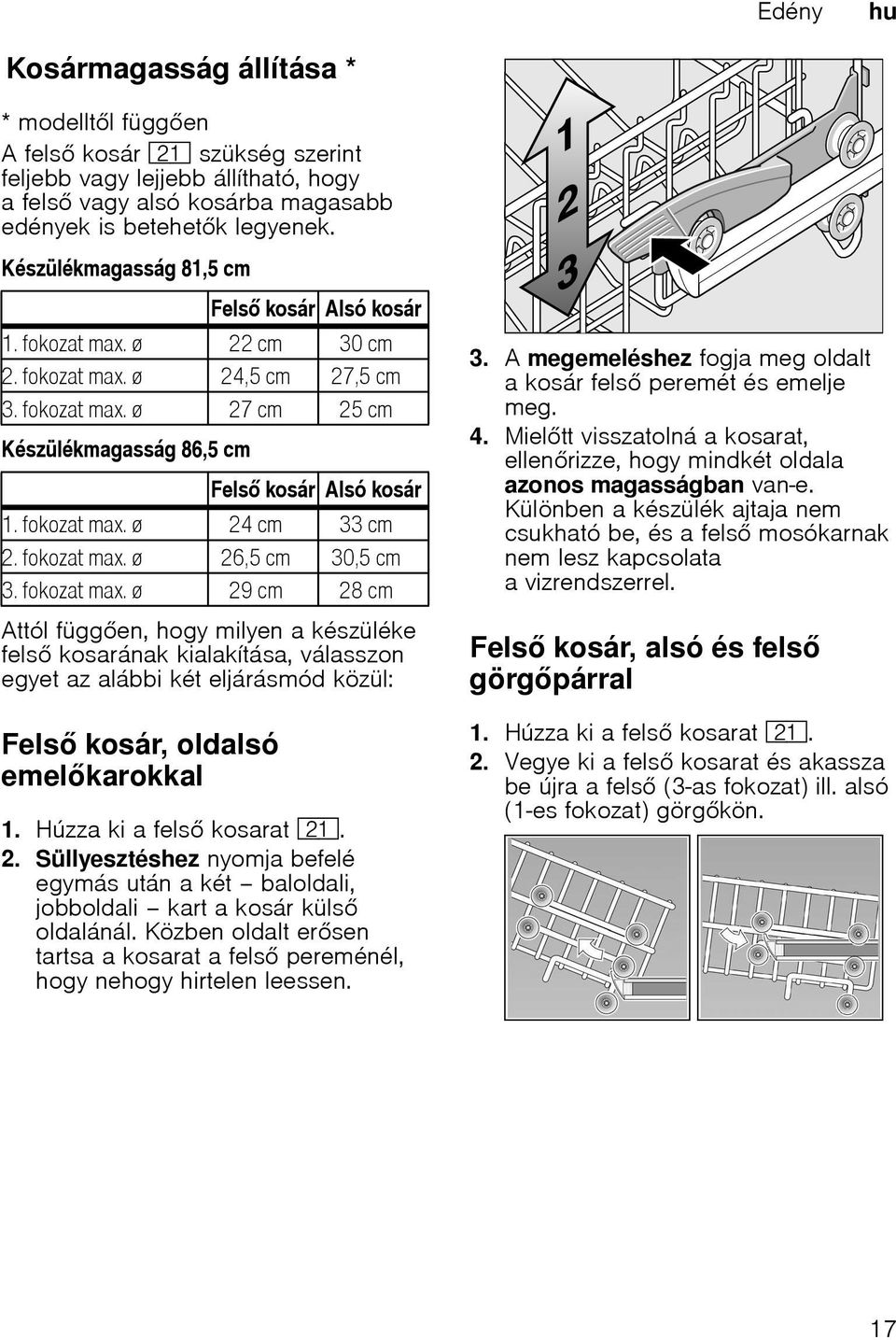 Készülékmagasság 81,5 cm Készülékmagasság 86,5 cm Attól függen, hogy milyen a készüléke fels kosarának kialakítása, válasszon egyet az alábbi két eljárásmód közül: Fels kosár, oldalsó emelkarokkal