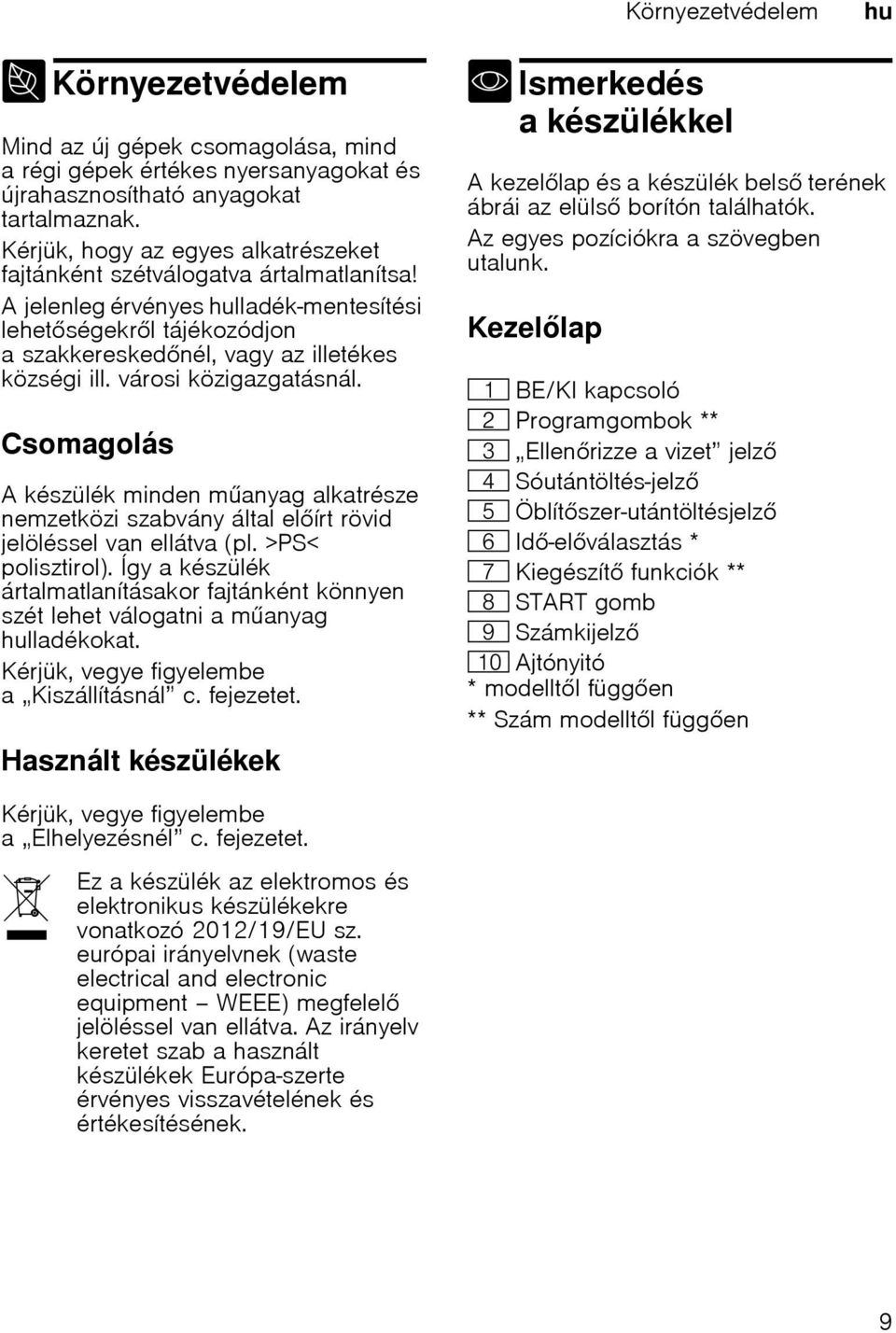 városi közigazgatásnál. Csomagolás A készülék minden manyag alkatrésze nemzetközi szabvány által elírt rövid jelöléssel van ellátva (pl. >PS< polisztirol).