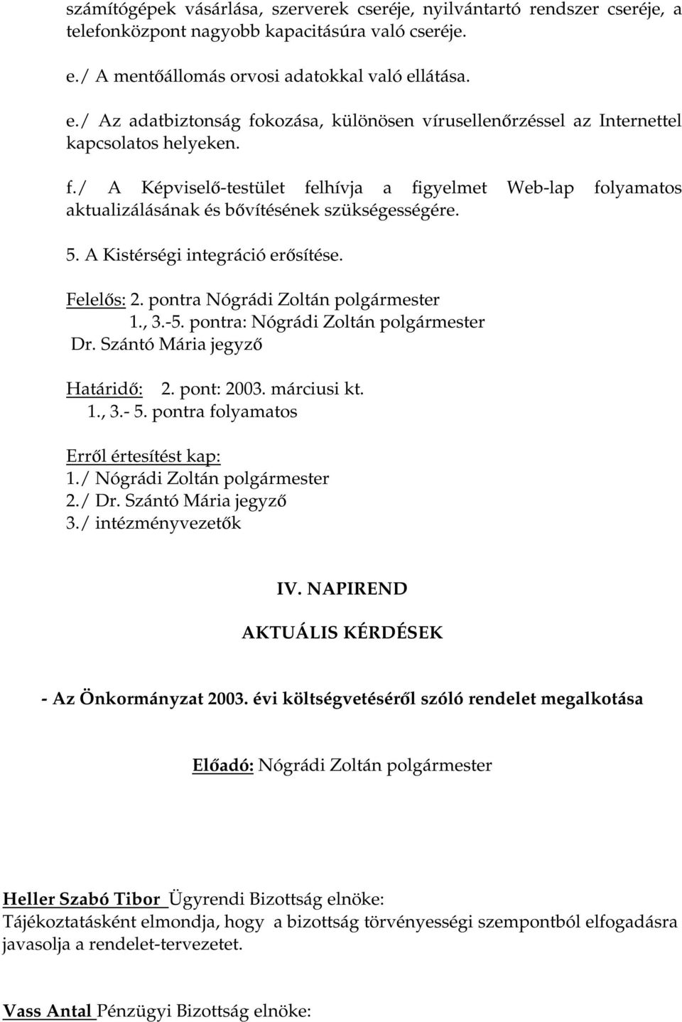 5. A Kistérségi integráció erősítése. Felelős: 2. pontra Nógrádi Zoltán polgármester 1., 3.-5. pontra: Nógrádi Zoltán polgármester Dr. Szántó Mária jegyző Határidő: 2. pont: 2003. márciusi kt. 1., 3.- 5.