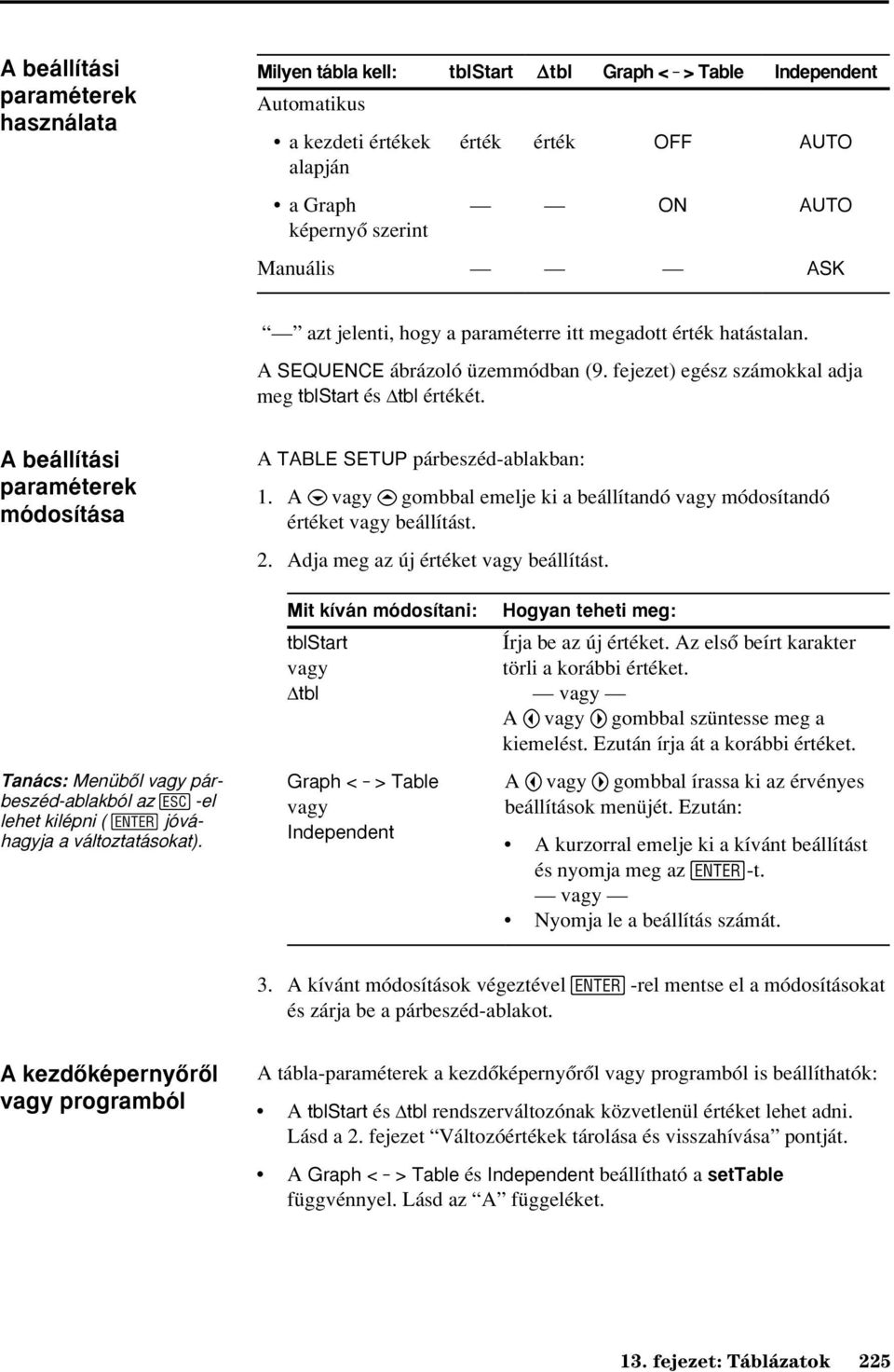 A beállítási paraméterek módosítása A TABLE SETUP párbeszéd-ablakban: 1. A D vagy C gombbal emelje ki a beállítandó vagy módosítandó értéket vagy beállítást. 2. Adja meg az új értéket vagy beállítást.