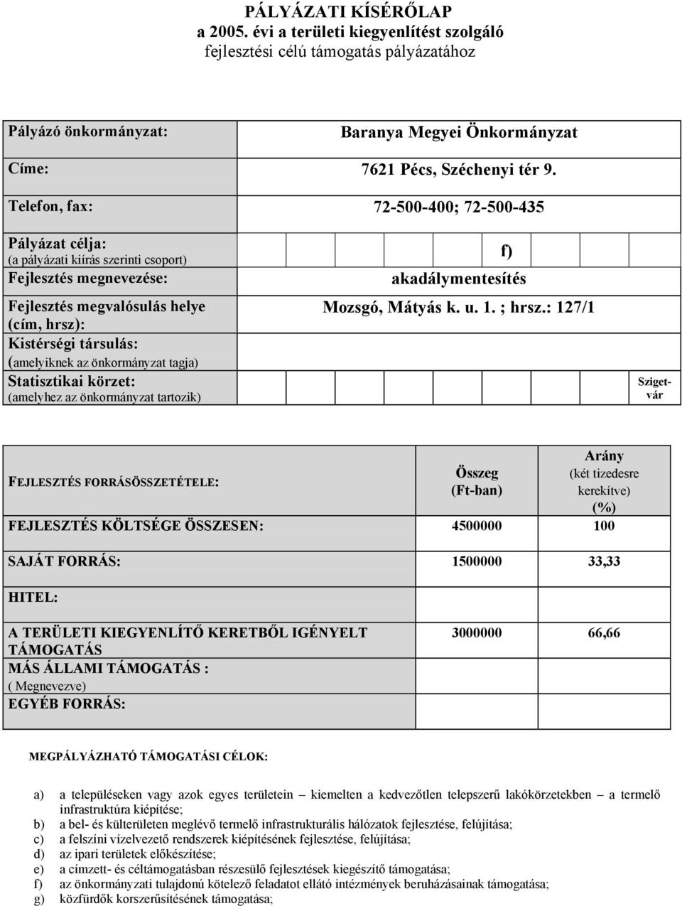 önkormányzat tagja) Statisztikai körzet: (amelyhez az önkormányzat tartozik) f) akadálymentesítés Mozsgó, Mátyás k. u. 1. ; hrsz.