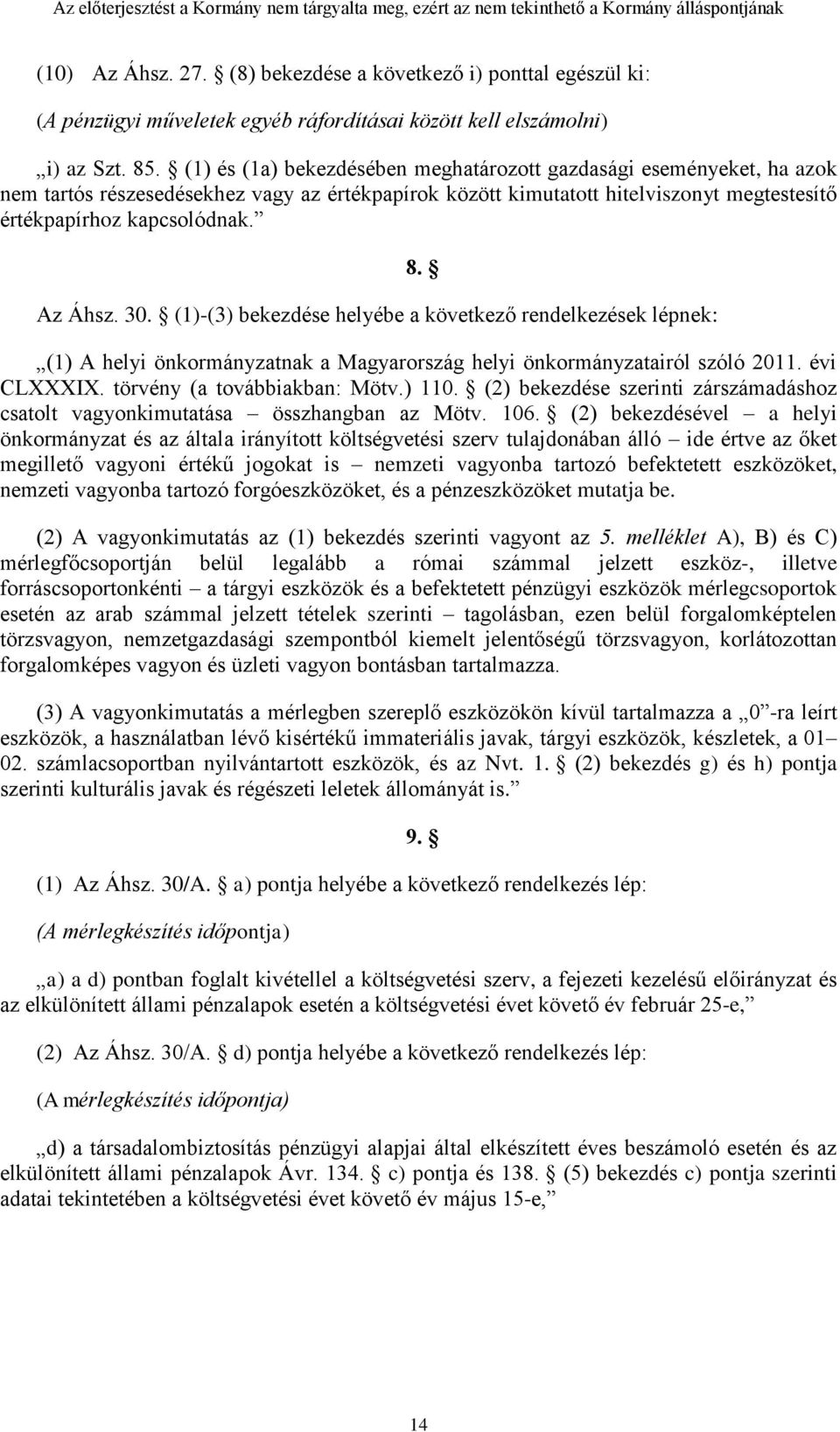 30. (1)-(3) bekezdése helyébe a következő rendelkezések lépnek: 8. (1) A helyi önkormányzatnak a Magyarország helyi önkormányzatairól szóló 2011. évi CLXXXIX. törvény (a továbbiakban: Mötv.) 110.