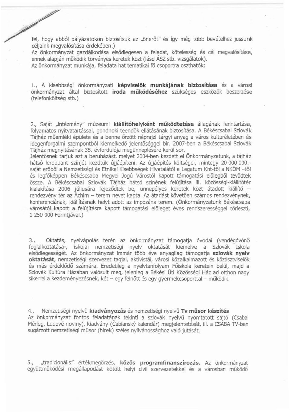 Az önkonmányzat munkája, feladata hat tematikai fő csoportra oszthatók: L, A kisebbségi önkormányzati képviselők munkájának biztosítása és a városi önkormányzat által biztosított iroda működéséhez