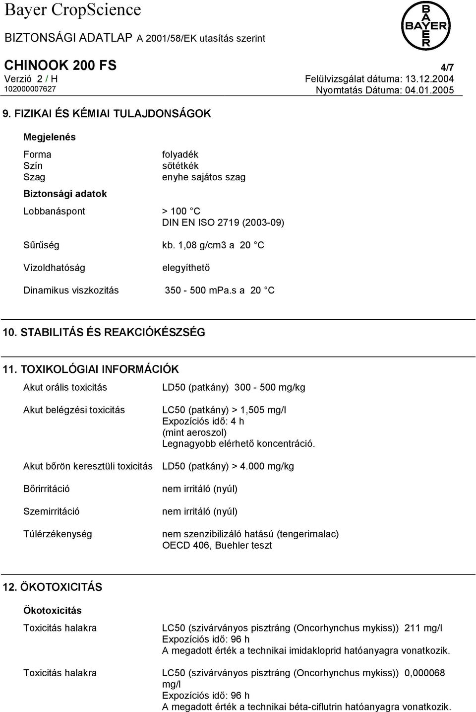 TOXIKOLÓGIAI INFORMÁCIÓK Akut orális toxicitás LD50 (patkány) 300-500 mg/kg Akut belégzési toxicitás Akut bőrön keresztüli toxicitás Bőrirritáció Szemirritáció Túlérzékenység LC50 (patkány) > 1,505