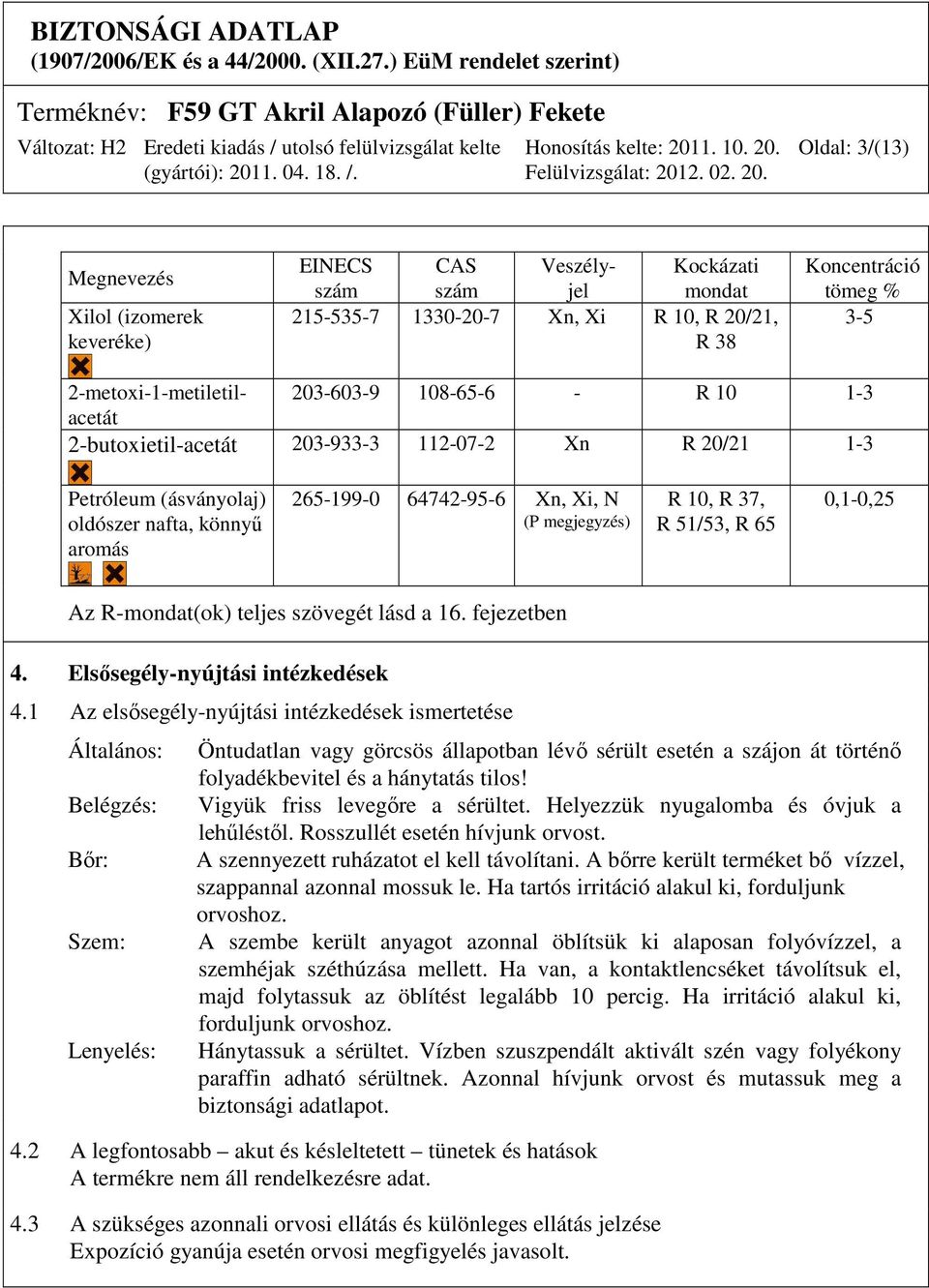 51/53, R 65 0,1-0,25 Az R-mondat(ok) teljes szövegét lásd a 16. fejezetben 4. Elsősegély-nyújtási intézkedések 4.