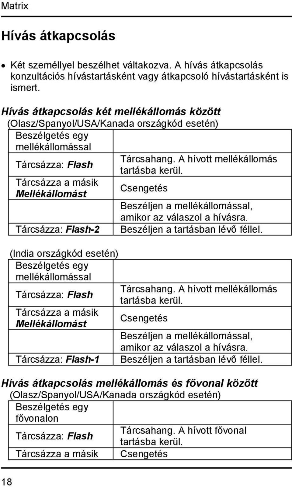 Tárcsázza a másik Csengetés Mellékállomást Beszéljen a mellékállomással, amikor az válaszol a hívásra. Tárcsázza: Flash-2 Beszéljen a tartásban lévő féllel.