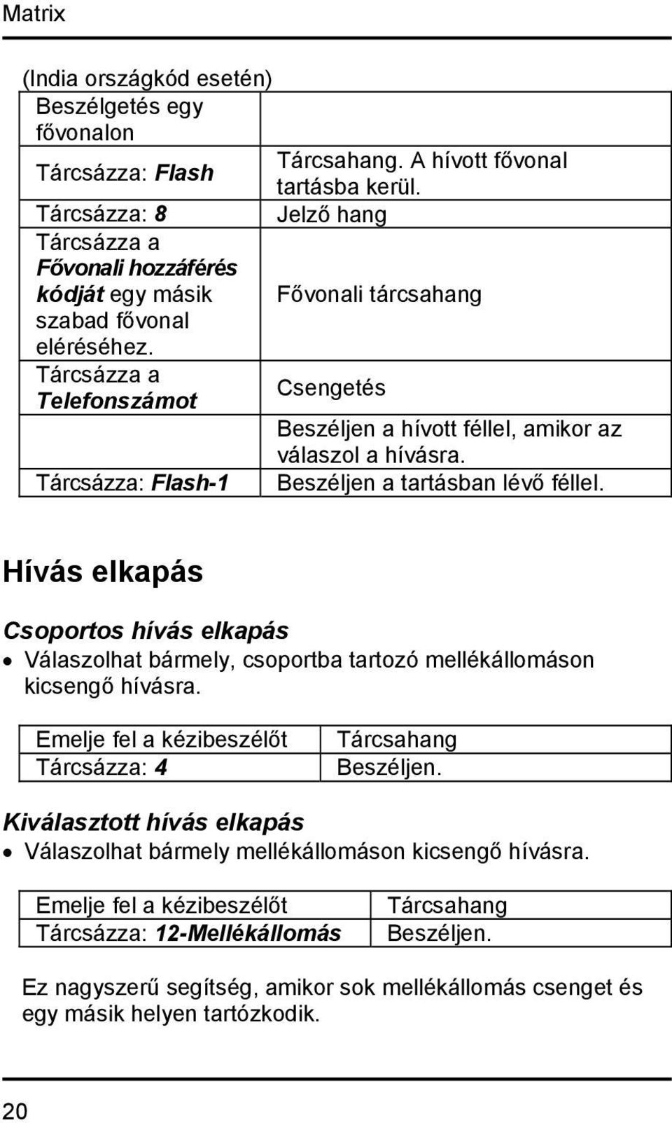 Beszéljen a tartásban lévő féllel. Hívás elkapás Csoportos hívás elkapás Válaszolhat bármely, csoportba tartozó mellékállomáson kicsengő hívásra. Tárcsázza: 4 Beszéljen.