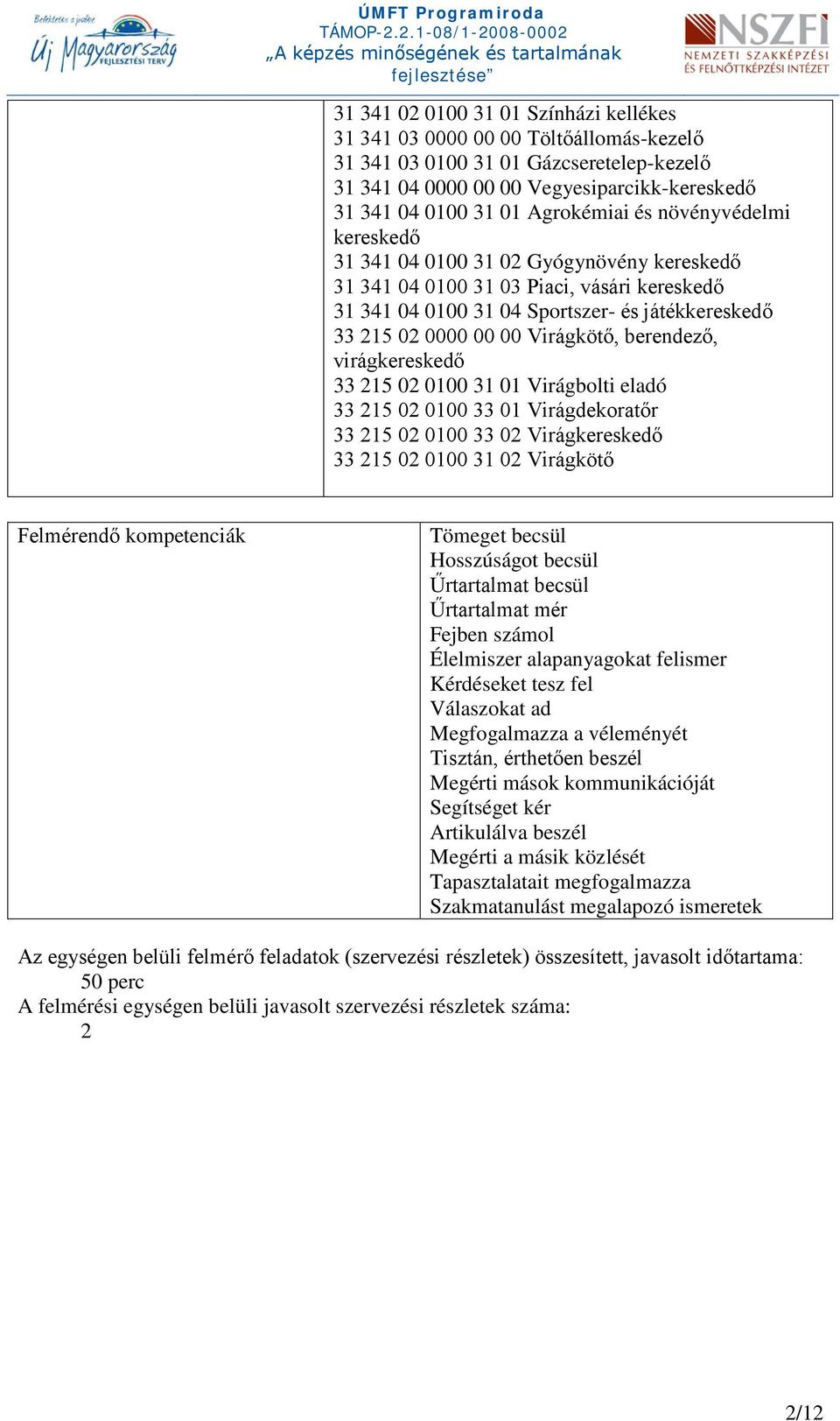 berendező, virágkereskedő 33 215 02 0100 31 01 Virágbolti eladó 33 215 02 0100 33 01 Virágdekoratőr 33 215 02 0100 33 02 Virágkereskedő 33 215 02 0100 31 02 Virágkötő Felmérendő kompetenciák Tömeget