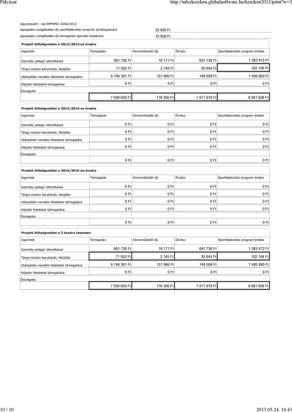 Jogcímek Támogatás Közreműködői díj Önrész Sportfejlesztési program értéke Személyi jellegű ráfordítások Tárgyi eszköz beruházás, felújítás Utánpótlás-nevelési feladatok támogatása Képzési feladatok