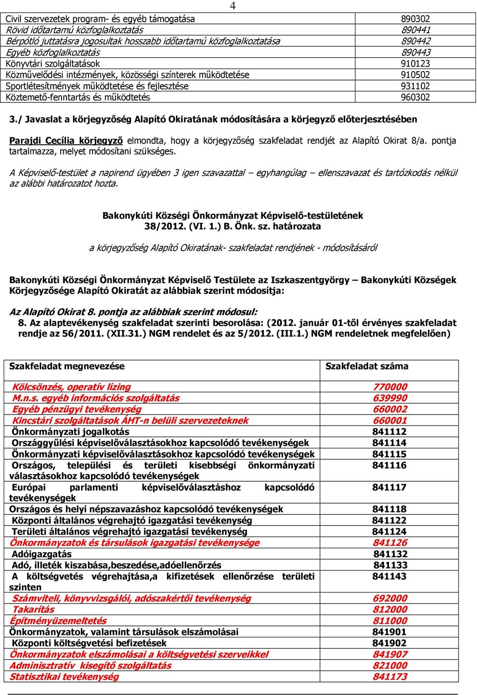 3./ Javaslat a körjegyzőség Alapító Okiratának módosítására a körjegyző előterjesztésében Parajdi Cecília körjegyző elmondta, hogy a körjegyzőség szakfeladat rendjét az Alapító Okirat 8/a.