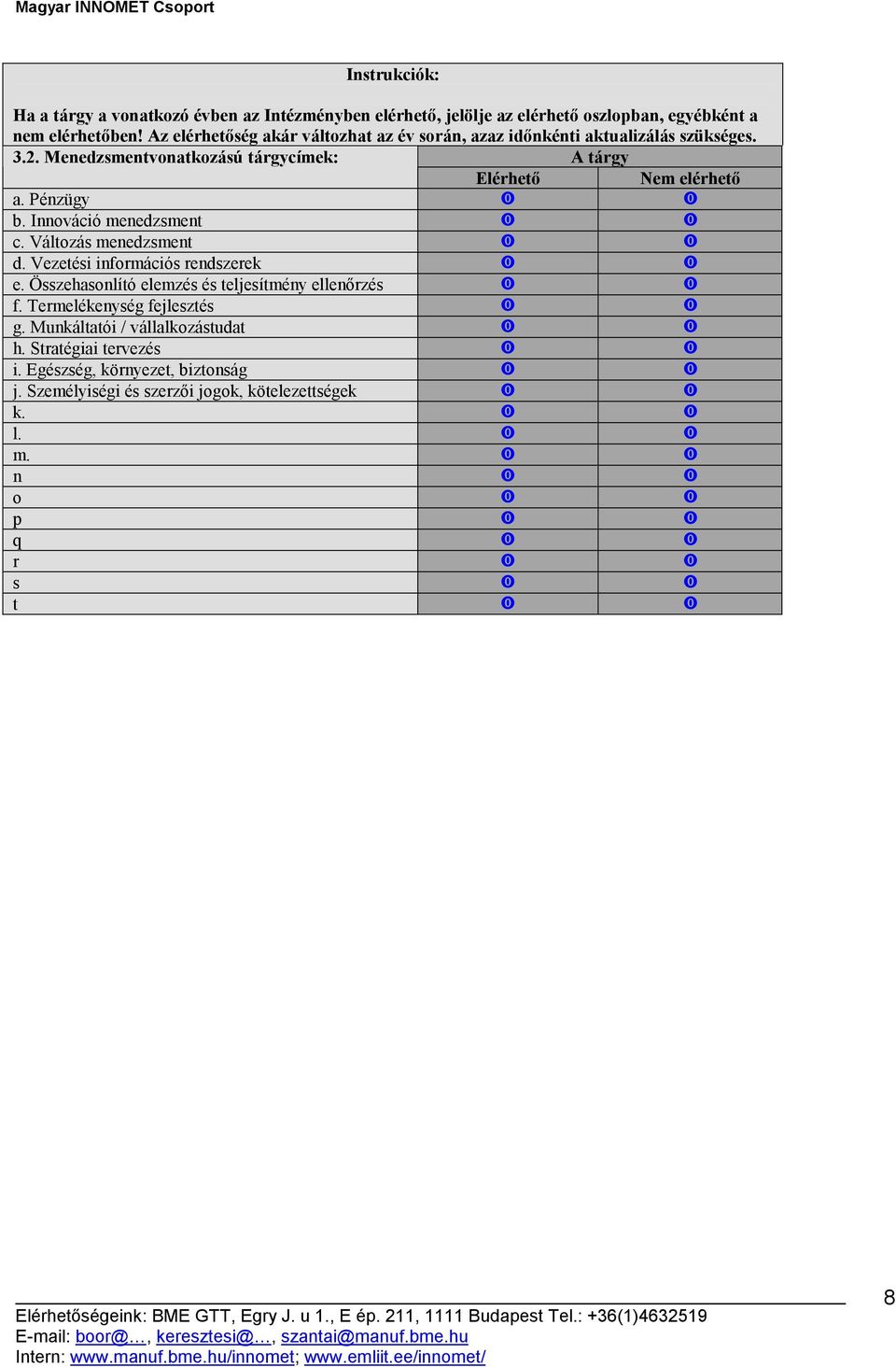 Innováció menedzsmen c. Változás menedzsmen d. Vezetési információs rendszerek e. Összehasonlító elemzés és teljesítmény ellenőrzé f.