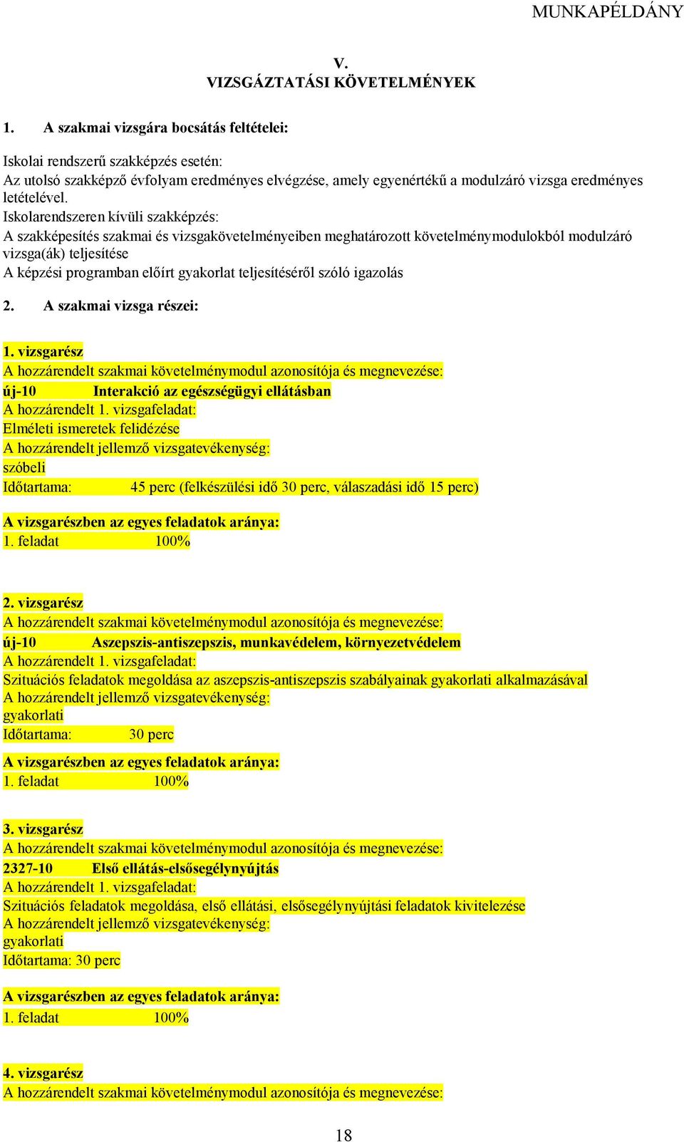 Iskolarendszeren kívüli szakképzés: A szakképesítés szakmai és vizsgakövetelményeiben meghatározott követelménymodulokból modulzáró vizsga(ák) teljesítése A képzési programban elıírt gyakorlat