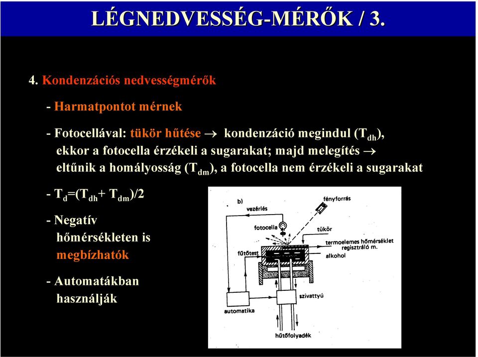 kondenzáció megindul (T dh ), ekkor a fotocella érzékeli a sugarakat; majd melegítés