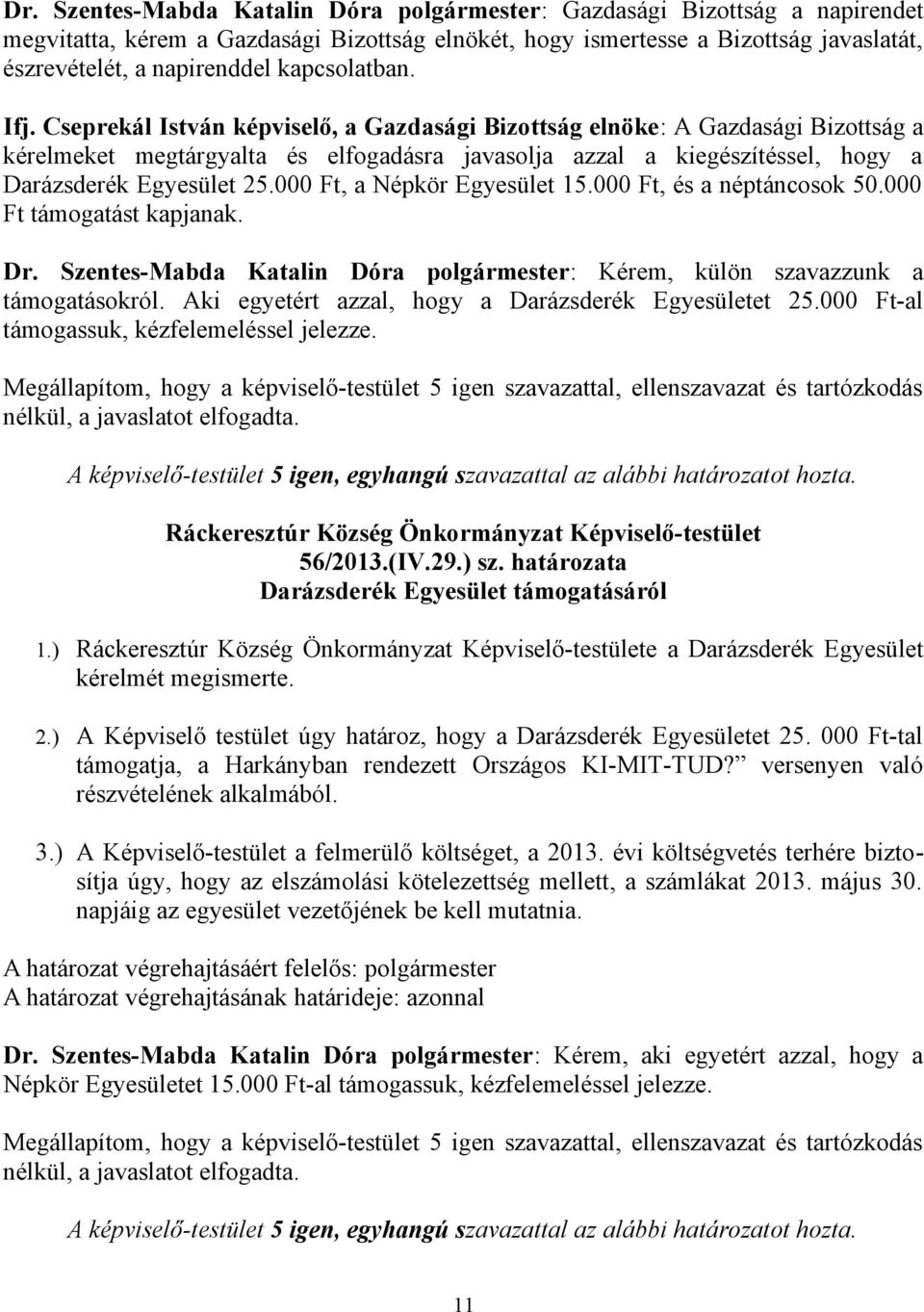 Cseprekál István képviselő, a Gazdasági Bizottság elnöke: A Gazdasági Bizottság a kérelmeket megtárgyalta és elfogadásra javasolja azzal a kiegészítéssel, hogy a Darázsderék Egyesület 25.