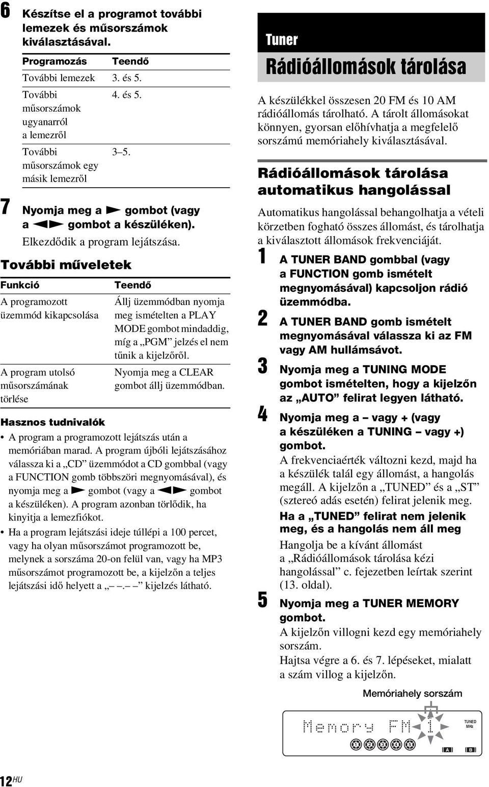 További műveletek Funkció A programozott üzemmód kikapcsolása A program utolsó műsorszámának törlése 3 5.