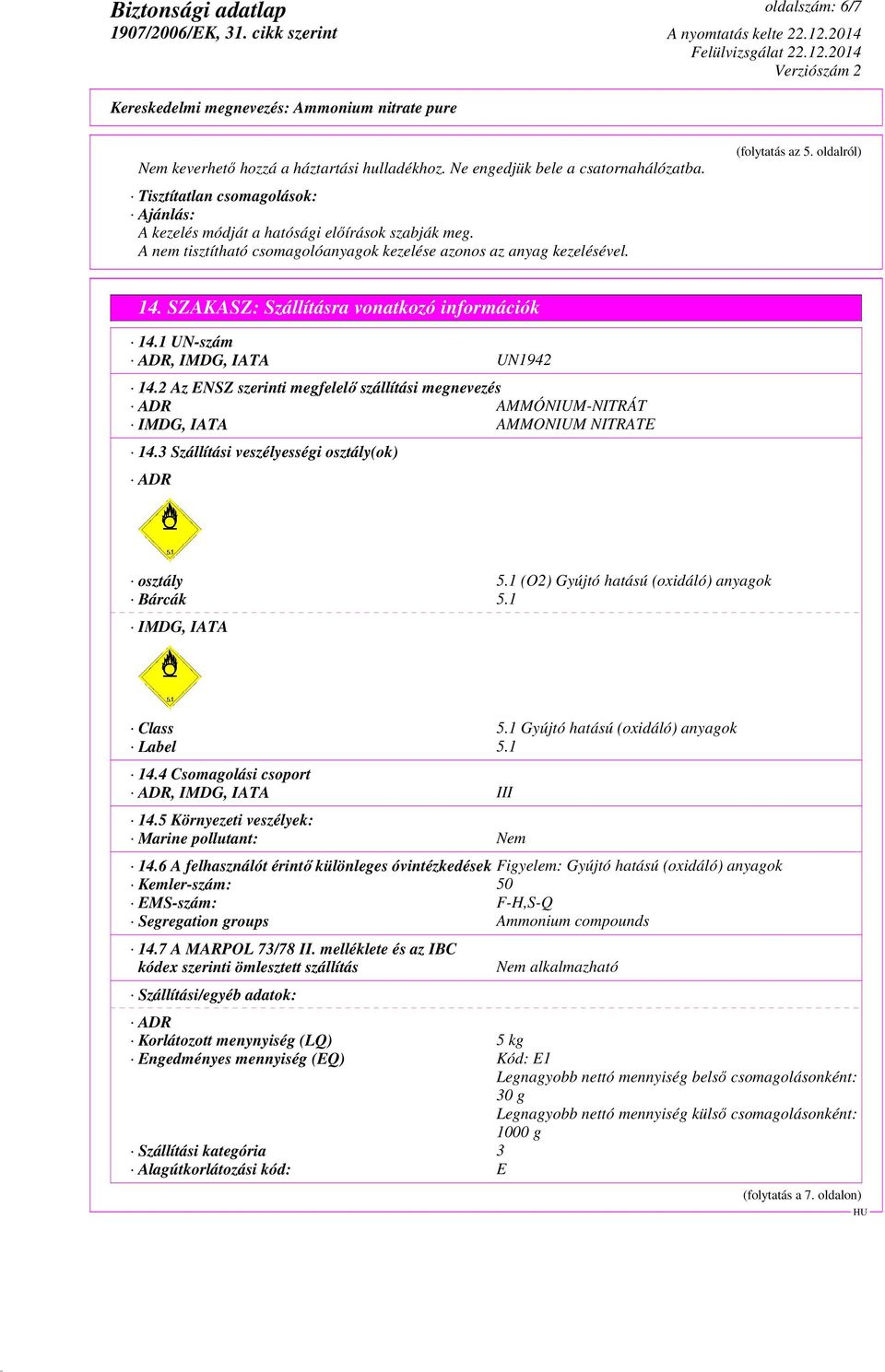 2 Az ENSZ szerinti megfelelő szállítási megnevezés ADR AMMÓNIUM-NITRÁT IMDG, IATA AMMONIUM NITRATE 14.3 Szállítási veszélyességi osztály(ok) ADR osztály 5.