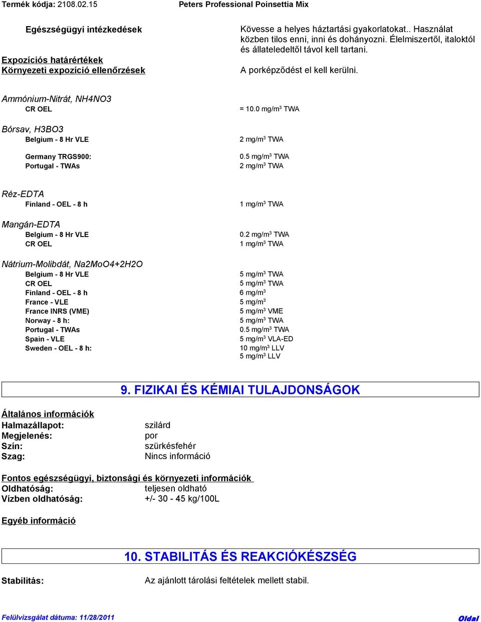 0 mg/m 3 TWA 2 mg/m 3 TWA 0.5 mg/m 3 TWA 2 mg/m 3 TWA Réz-EDTA Finland - OEL - 8 h Mangán-EDTA Belgium - 8 Hr VLE CR OEL 1 mg/m 3 TWA 0.