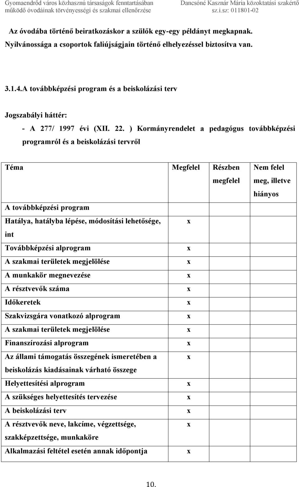 ) Kormányrendelet a pedagógus továbbképzési programról és a beiskolázási tervről Téma Megfelel Részben A továbbképzési program Hatálya, hatályba lépése, módosítási lehetősége, int Továbbképzési