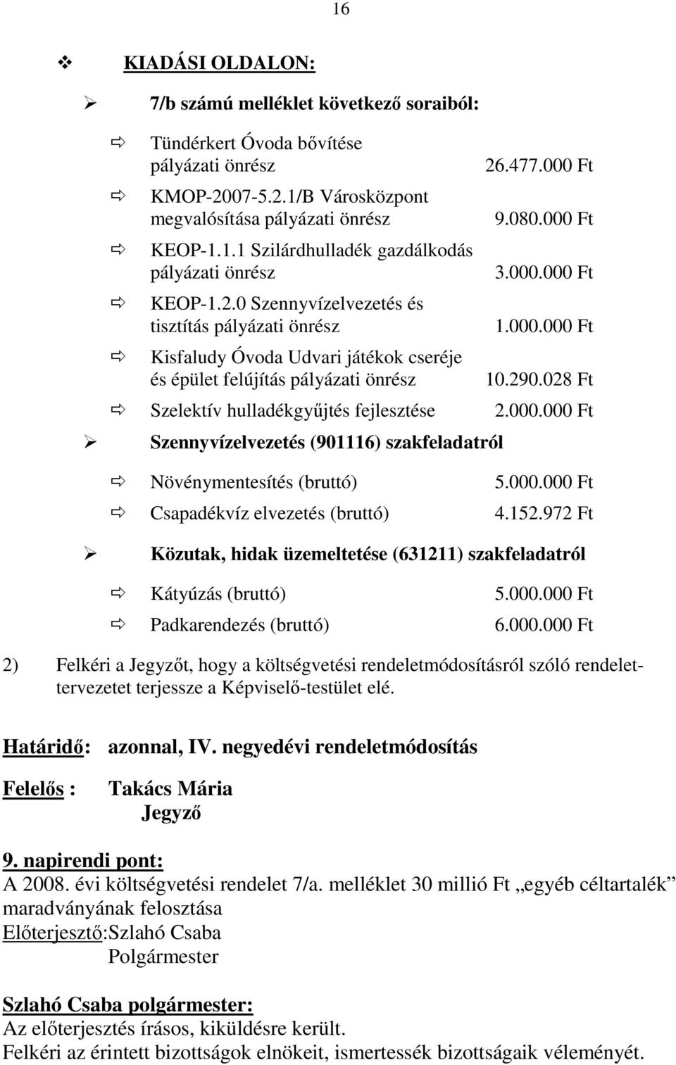 028 Ft Szelektív hulladékgyőjtés fejlesztése 2.000.000 Ft Szennyvízelvezetés (901116) szakfeladatról Növénymentesítés (bruttó) 5.000.000 Ft Csapadékvíz elvezetés (bruttó) 4.152.