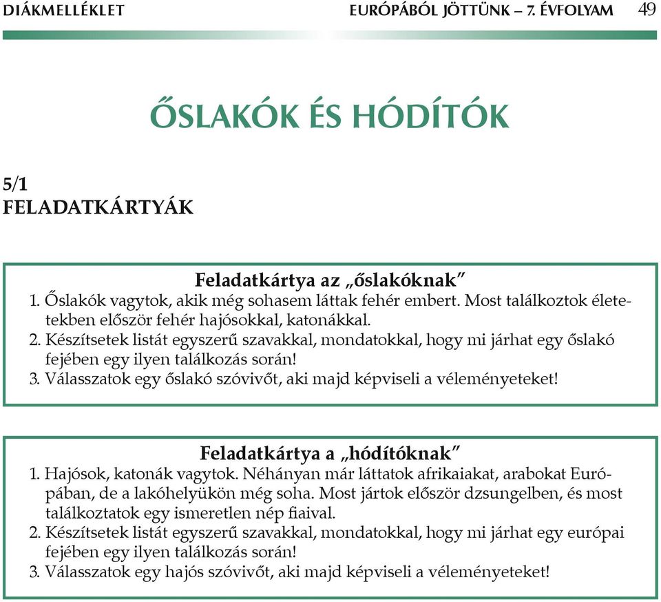 Válasszatok egy ôslakó szóvivôt, aki majd képviseli a véleményeteket! Feladatkártya a hódítóknak 1. Hajósok, katonák vagytok.