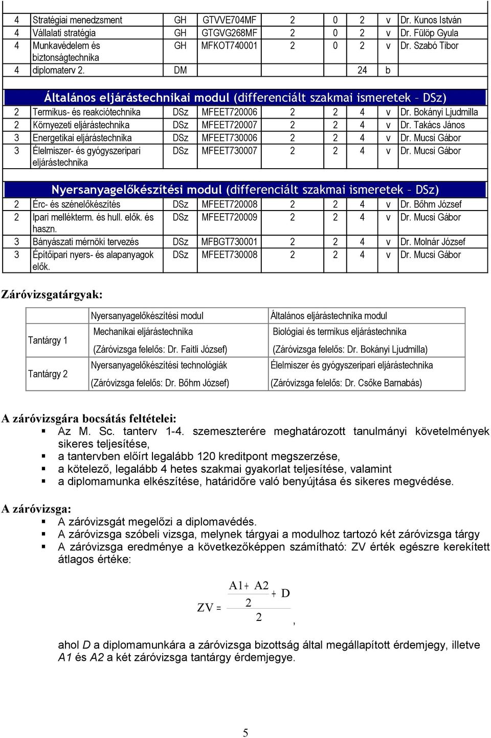 Takács János 3 Energetikai eljárástechnika DSz MFEET730006 4 v Dr. Mucsi Gábor 3 Élelmiszer- és gyógyszeripari eljárástechnika DSz MFEET730007 4 v Dr.