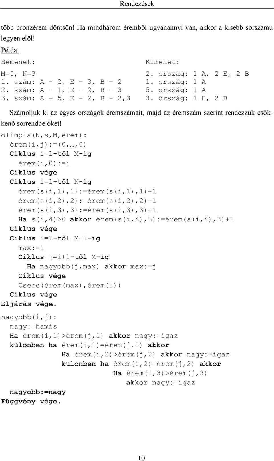 olimpia(n,s,m,érem): érem(i,j):=(0,,0) Ciklus i=1-től M-ig érem(i,0):=i Ciklus i=1-től N-ig érem(s(i,1),1):=érem(s(i,1),1)+1 érem(s(i,2),2):=érem(s(i,2),2)+1 érem(s(i,3),3):=érem(s(i,3),3)+1 Ha