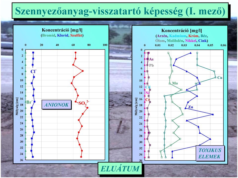 (Bromid, Klorid, Szulfát) Br ANIONOK SO 4 Mélység [cm] 0 4 6 8 10 1 14 16 18 4 6 8 30 3 34 36