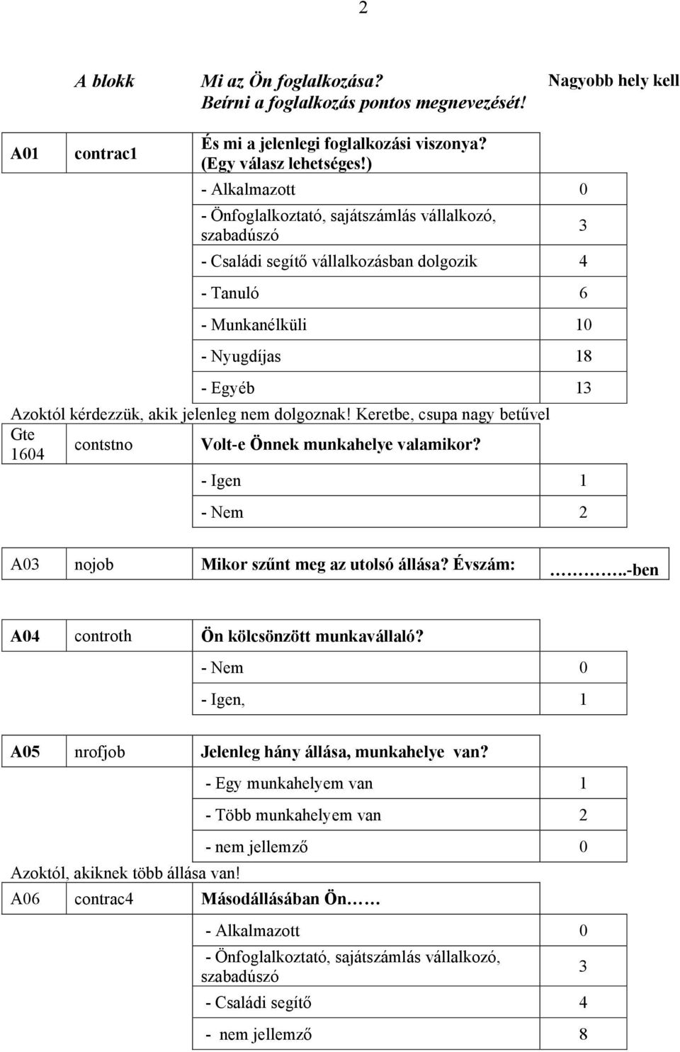 jelenleg nem dolgoznak! Keretbe, csupa nagy betűvel Gte contstno Volt-e Önnek munkahelye valamikor? 1604 - Nem 2 3 A03 nojob Mikor szűnt meg az utolsó állása? Évszám:.