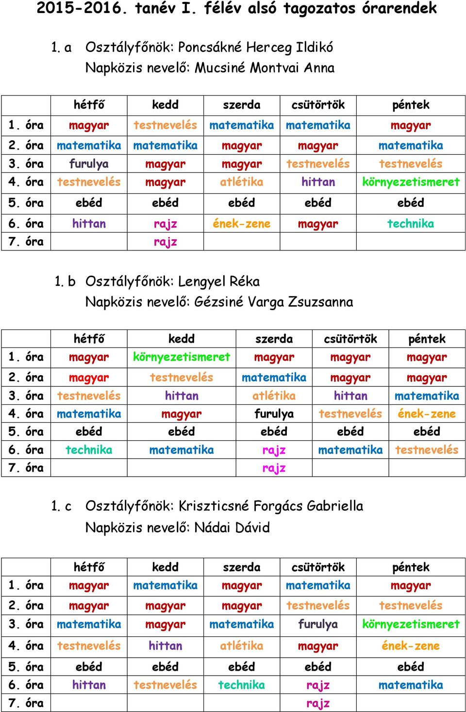 óra hittan rajz ének-zene magyar technika 7. óra rajz 1. b Osztályfőnök: Lengyel Réka Napközis nevelő: Gézsiné Varga Zsuzsanna 1. óra magyar környezetismeret magyar magyar magyar 2.