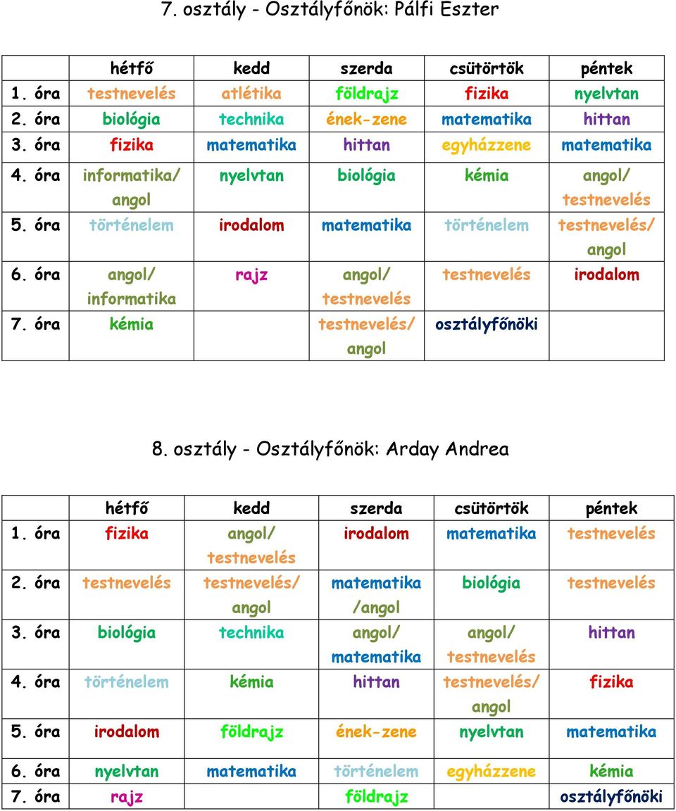 óra / rajz / irodalom informatika 7. óra kémia / osztályfőnöki 8. osztály - Osztályfőnök: Arday Andrea 1. óra fizika / irodalom matematika 2. óra / matematika biológia / 3.