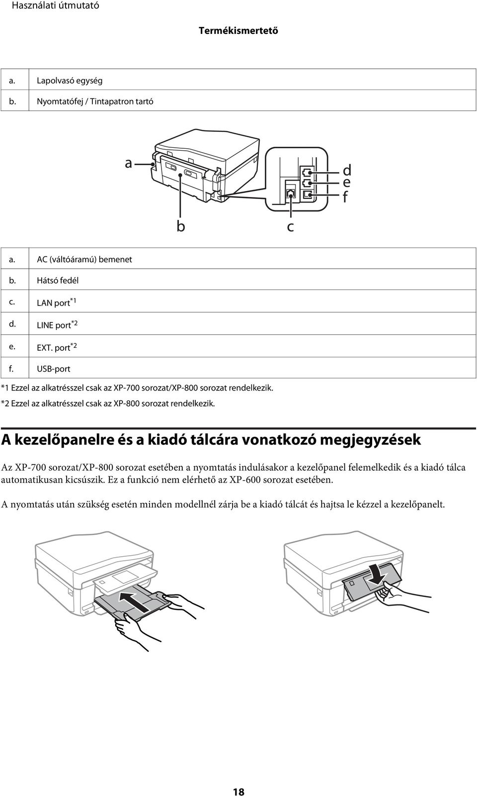 A kezelőpanelre és a kiadó tálcára vonatkozó megjegyzések Az XP-700 sorozat/xp-800 sorozat esetében a nyomtatás indulásakor a kezelőpanel felemelkedik és a kiadó