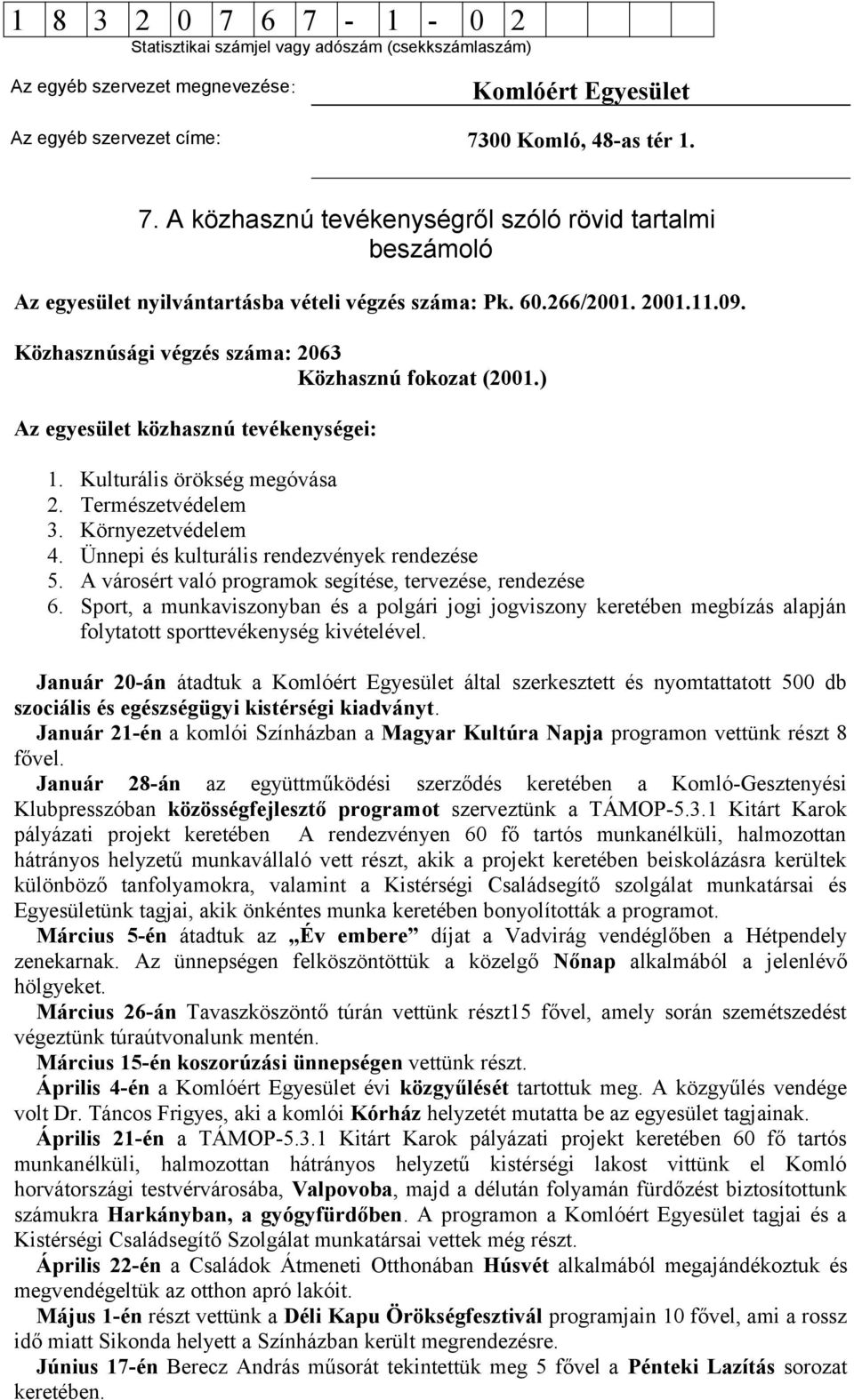 A városért való programok segítése, tervezése, rendezése 6. Sport, a munkaviszonyban és a polgári jogi jogviszony keretében megbízás alapján folytatott sporttevékenység kivételével.