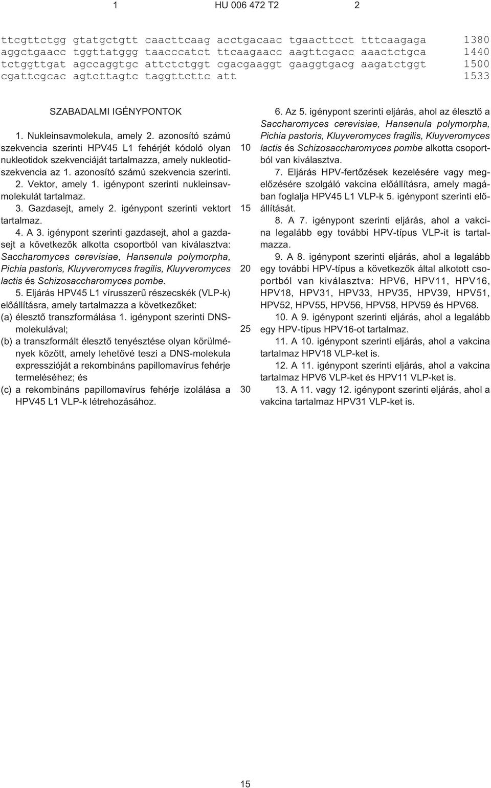 azonosító számú szekvencia szerinti HPV45 L1 fehérjét kódoló olyan nukleotidok szekvenciáját tartalmazza, amely nukleotidszekvencia az 1. azonosító számú szekvencia szerinti. 2. Vektor, amely 1.