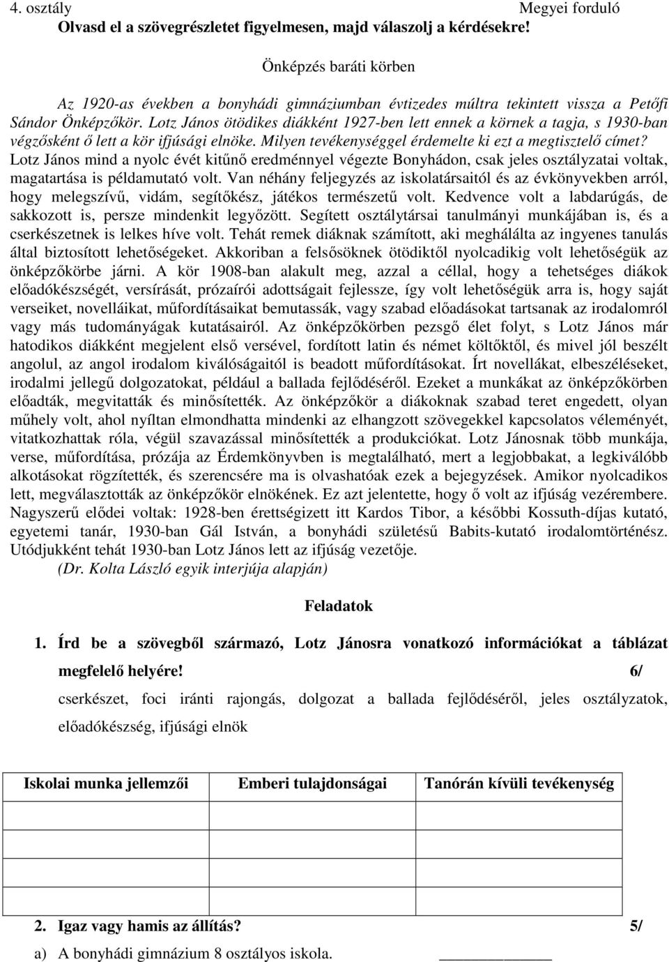 Lotz János mind a nyolc évét kitűnő eredménnyel végezte Bonyhádon, csak jeles osztályzatai voltak, magatartása is példamutató volt.