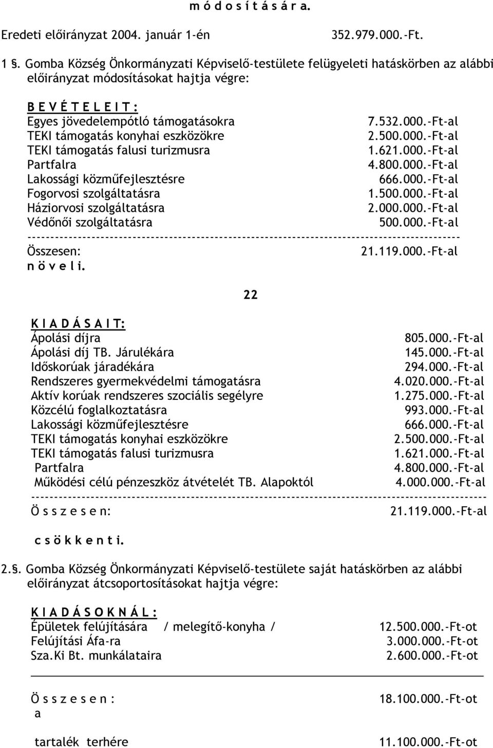 Gomba Község Önkormányzati Képviselı-testülete felügyeleti hatáskörben az alábbi elıirányzat módosításokat hajtja végre: B E V É T E L E I T : Egyes jövedelempótló támogatásokra 7.532.000.