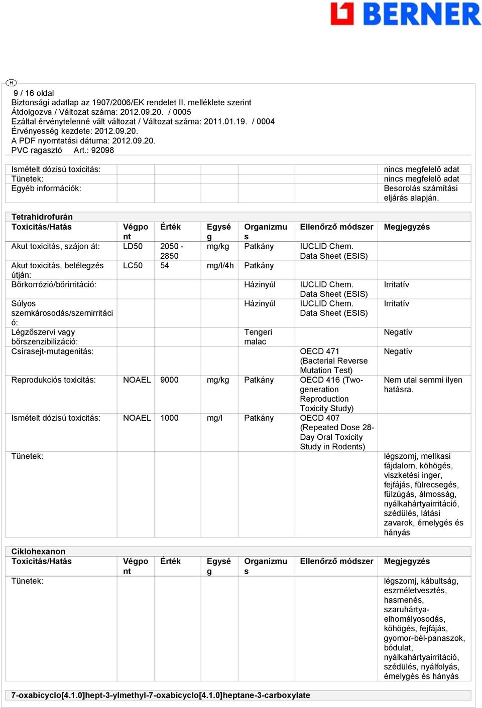 szemkárosodás/szemirritáci Data Sheet (ESIS) ó: Légzőszervi vagy Tengeri bőrszenzibilizáció: malac Csírasejt-mutagenitás: OECD 471 (Bacterial Reverse Mutation Test) Reprodukciós toxicitás: NOAEL 9000