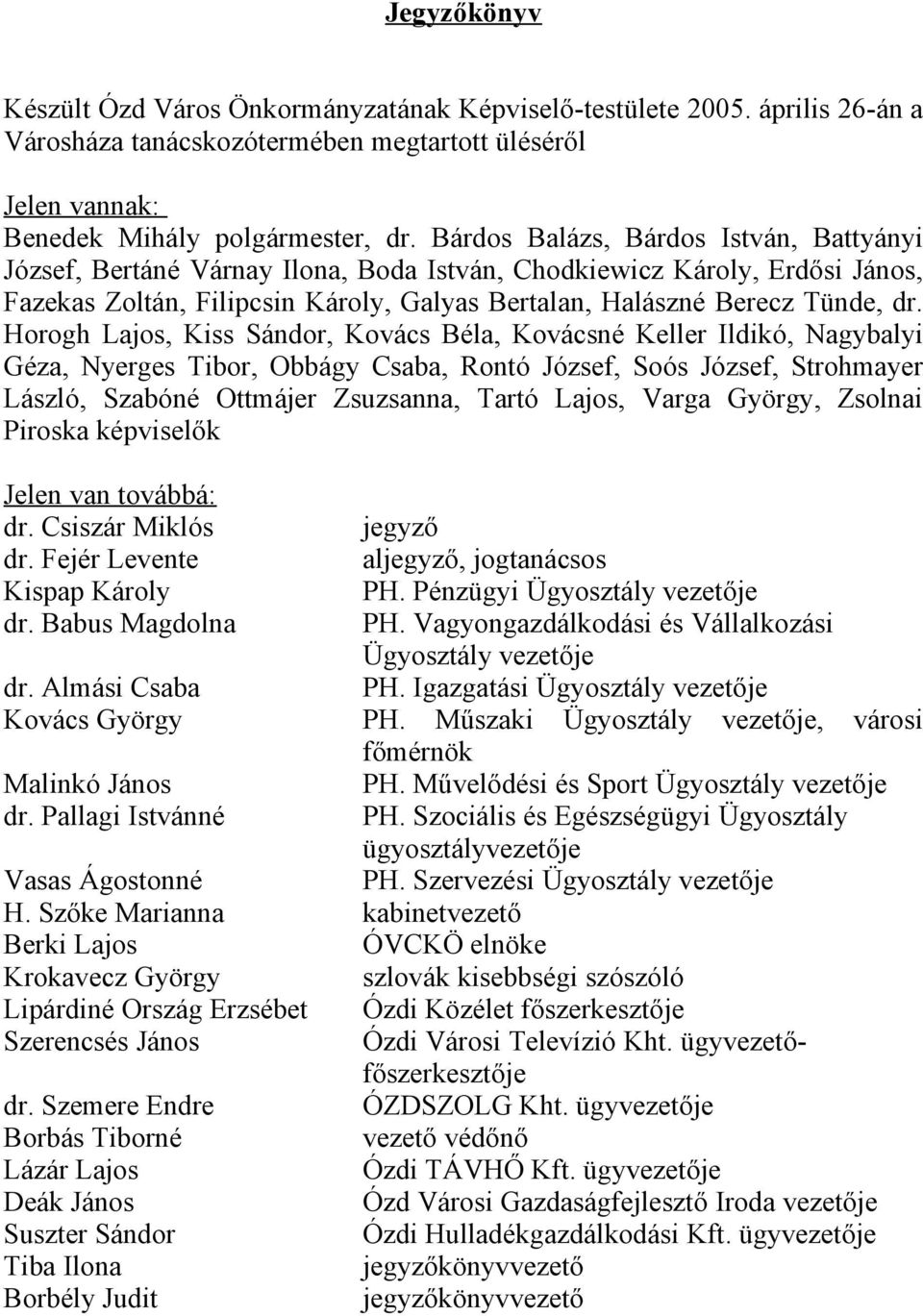 Horogh Lajos, Kiss Sándor, Kovács Béla, Kovácsné Keller Ildikó, Nagybalyi Géza, Nyerges Tibor, Obbágy Csaba, Rontó József, Soós József, Strohmayer László, Szabóné Ottmájer Zsuzsanna, Tartó Lajos,