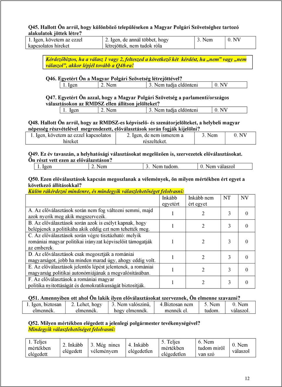 Q46. Egyetért Ön a Magyar Polgári Szövetség létrejöttével? 1. Igen 2. Nem 3. Nem tudja eldönteni 0. NV Q47.