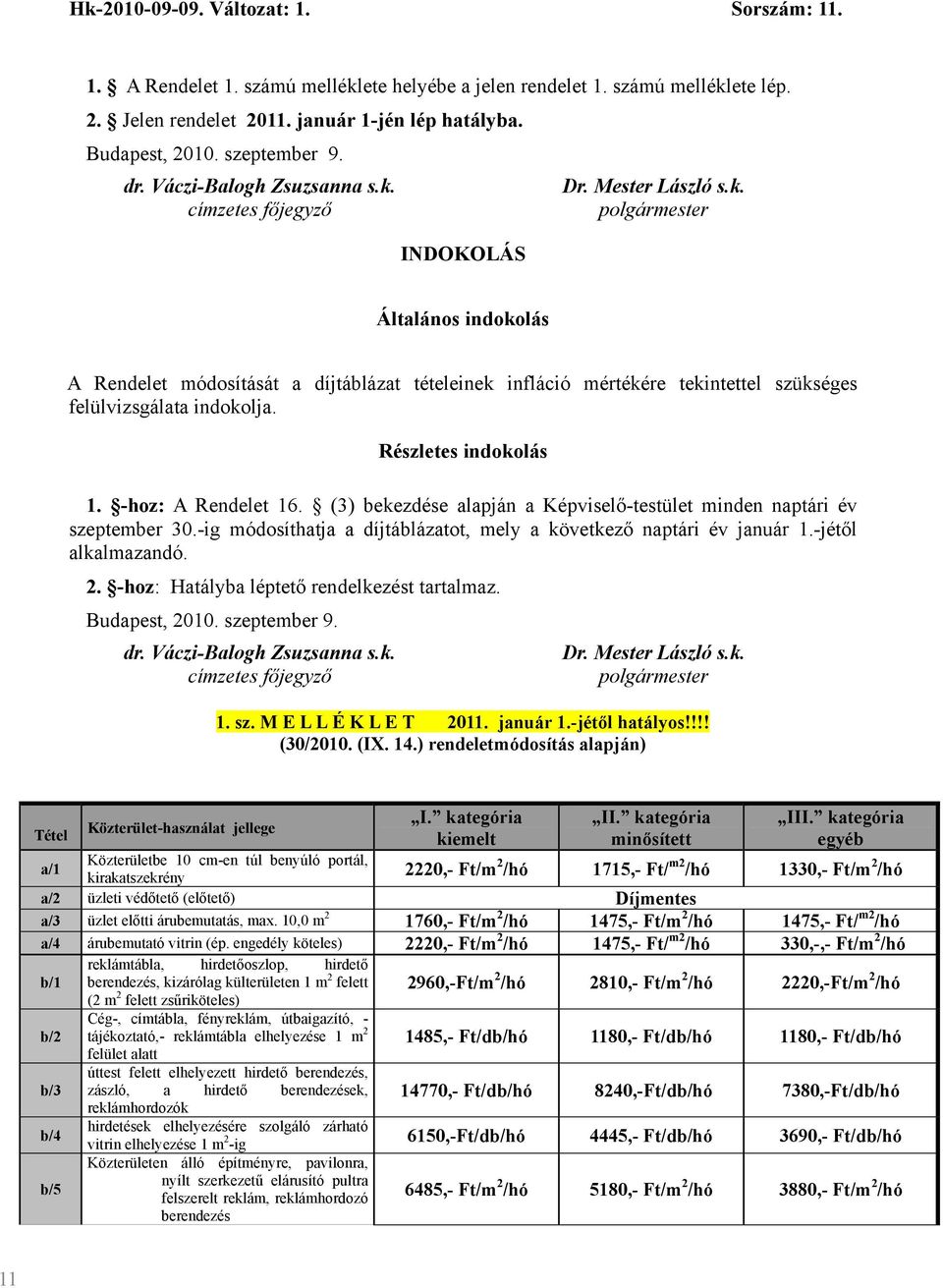 -hoz: A Rendelet 16. (3) bekezdése alapján a Képviselő-testület minden naptári év szeptember 30.-ig módosíthatja a díjtáblázatot, mely a következő naptári év január 1.-jétől alkalmazandó. 2.