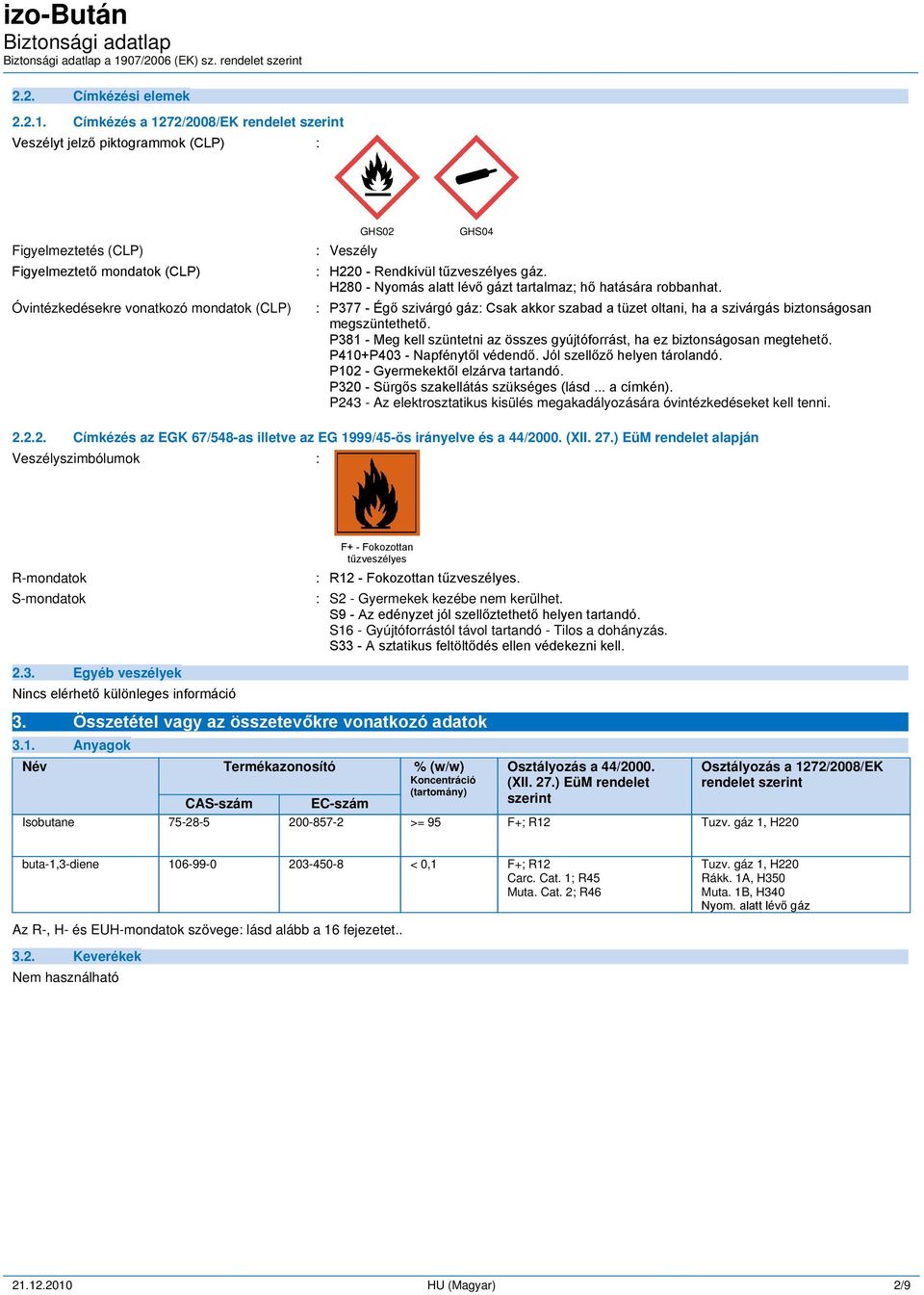 Rendkívül tűzveszélyes gáz. H280 - Nyomás alatt lévő gázt tartalmaz; hő hatására robbanhat. : P377 - Égő szivárgó gáz: Csak akkor szabad a tüzet oltani, ha a szivárgás biztonságosan megszüntethető.