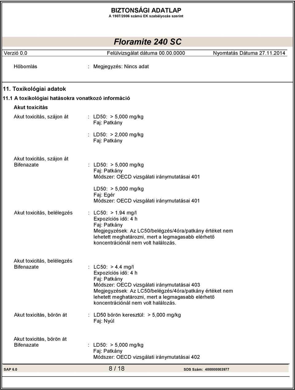 Patkány Módszer OECD vizsgálati iránymutatásai 401 LD50 > 5,000 mg/kg Faj Egér Módszer OECD vizsgálati iránymutatásai 401 Akut toxicitás, belélegzés LC50 > 1.