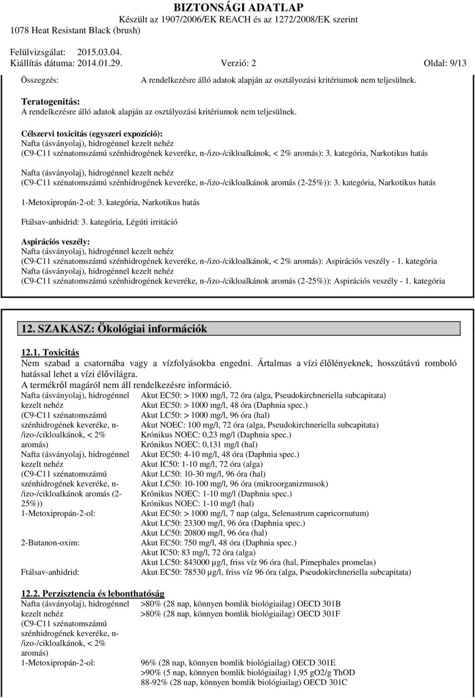 kategória /izo-/cikloalkánok aromás (2-25%)): Aspirációs veszély - 1. kategória 12. SZAKASZ: Ökológiai információk 12.1. Toxicitás Nem szabad a csatornába vagy a vízfolyásokba engedni.