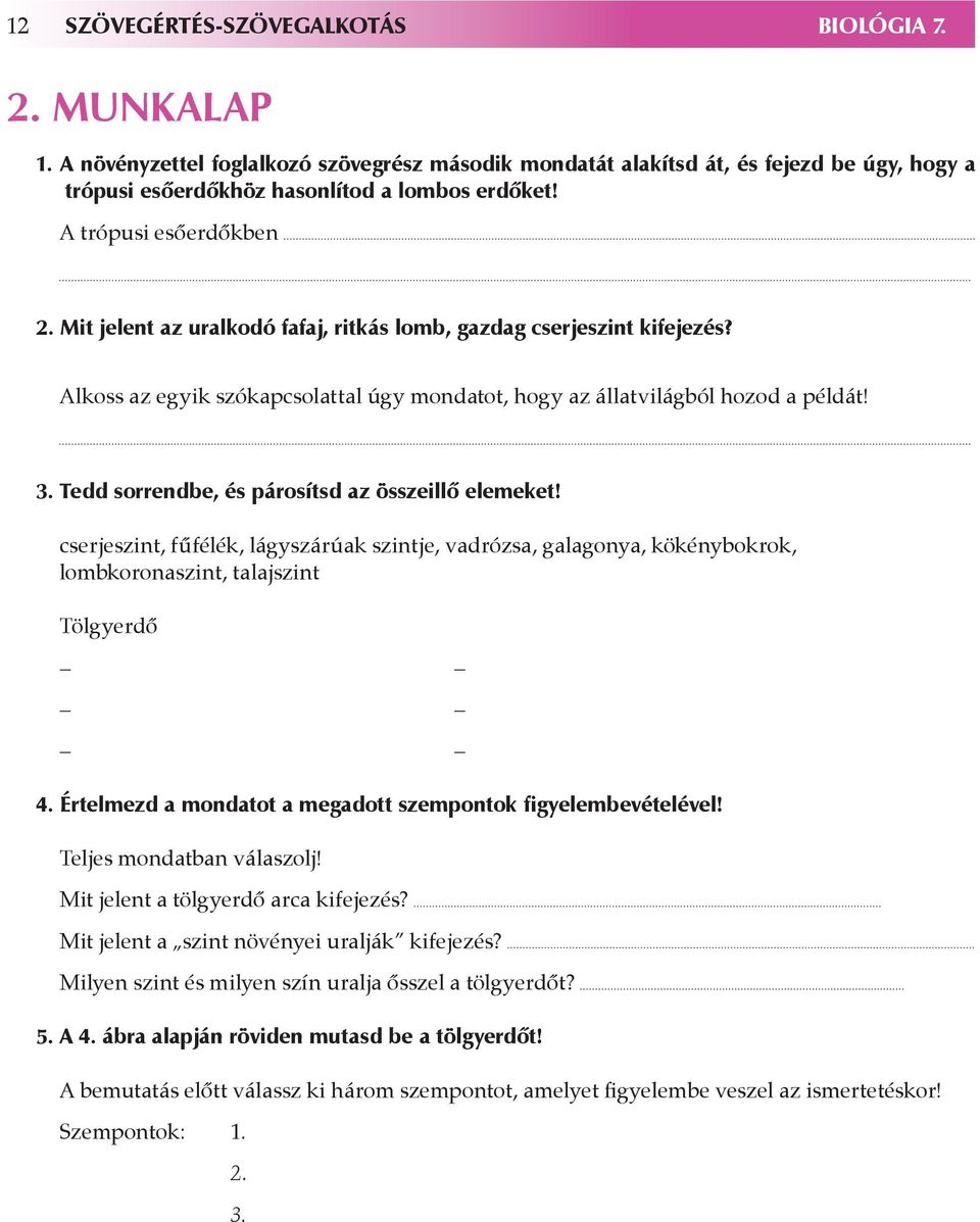 Tedd sorrendbe, és párosítsd az összeillő elemeket! cserjeszint, fűfélék, lágyszárúak szintje, vadrózsa, galagonya, kökénybokrok, lombkoronaszint, talajszint Tölgyerdő 4.